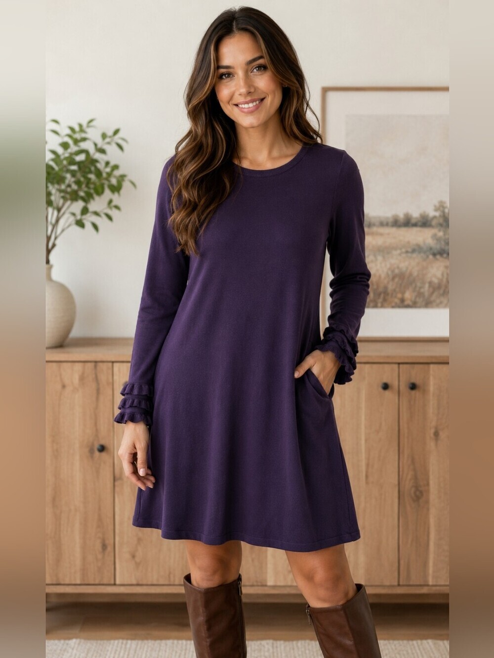 Calvin Klein Purple Long-Sleeve Ruffle Cuff A-Line Dress